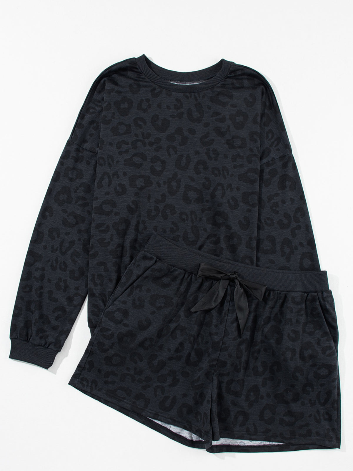 Coordinated gray long sleeve top and shorts side view