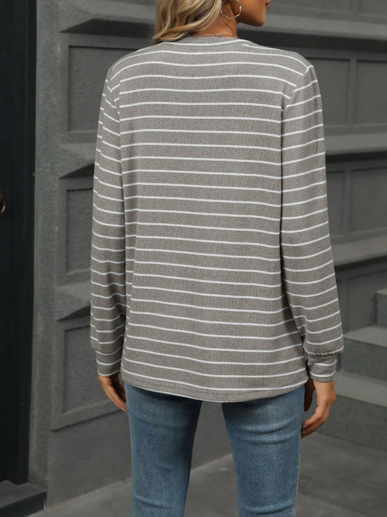 Striped Henley T-Shirt with Button Detail - Fashorio
