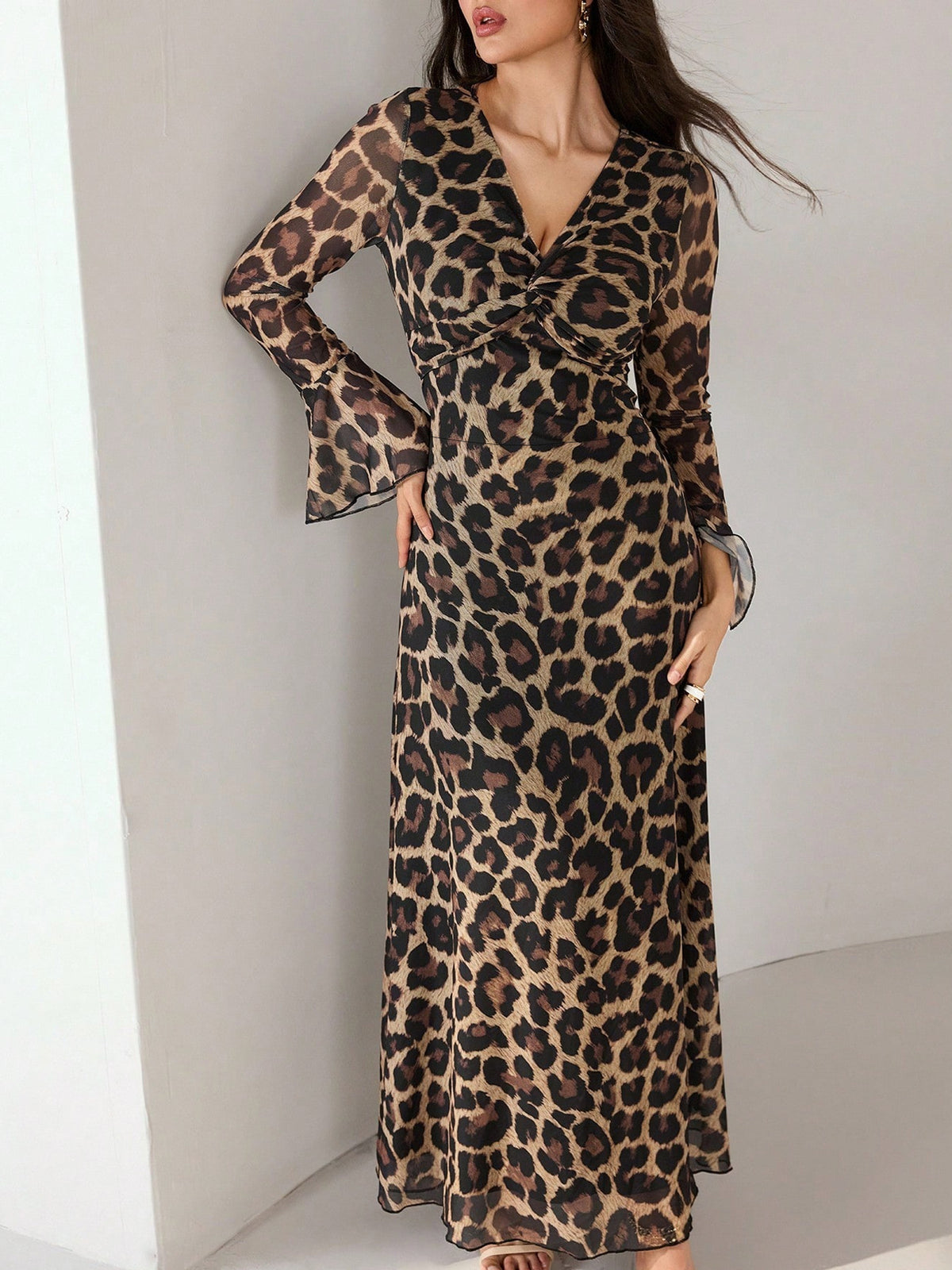 Leopard print flare sleeve maxi dress front view