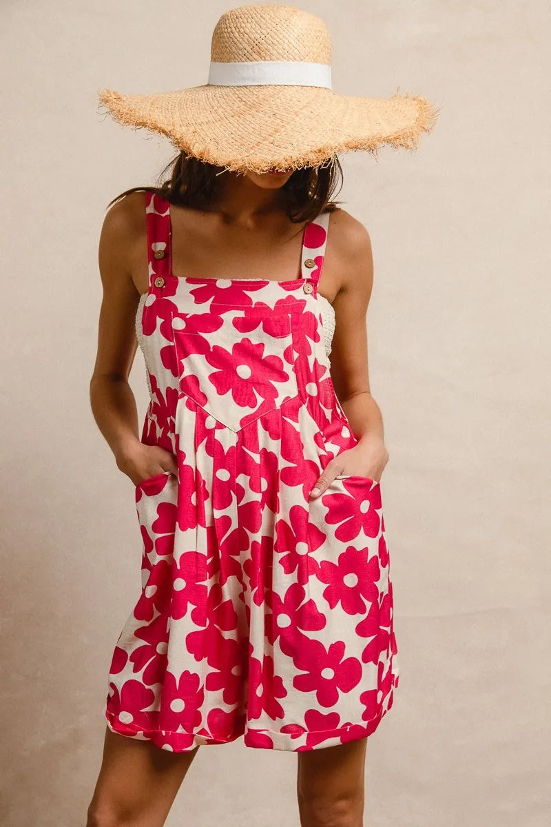 BiBi Floral Prints Tuck Detail Short Overall With Pockets - Fashorio