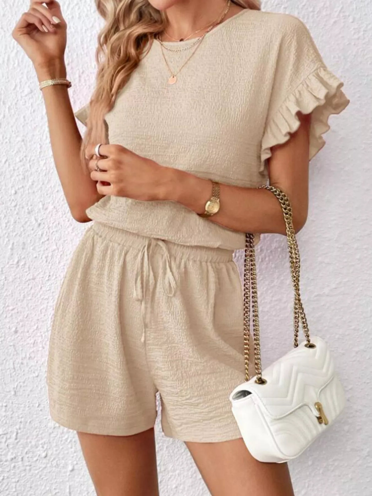 Tan brown matching tee and shorts two piece set
