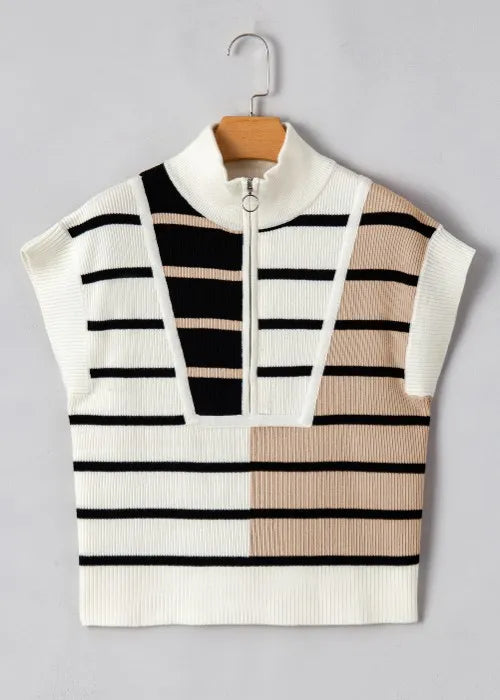 Striped Half Zip Sweater Vest in White and Light Blue detail