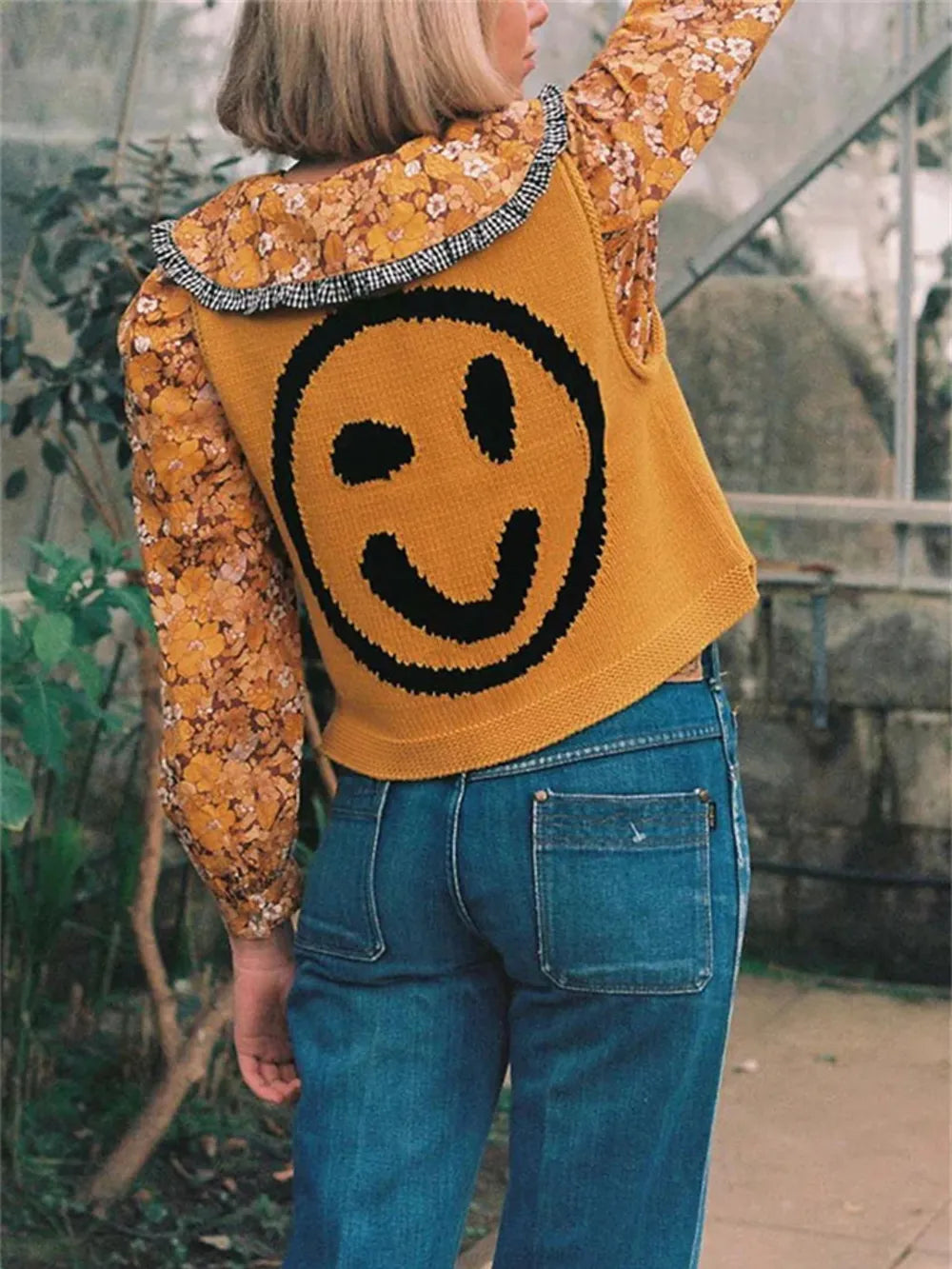 Smiley Face Round Neck Sweater Vest in Mustard side view