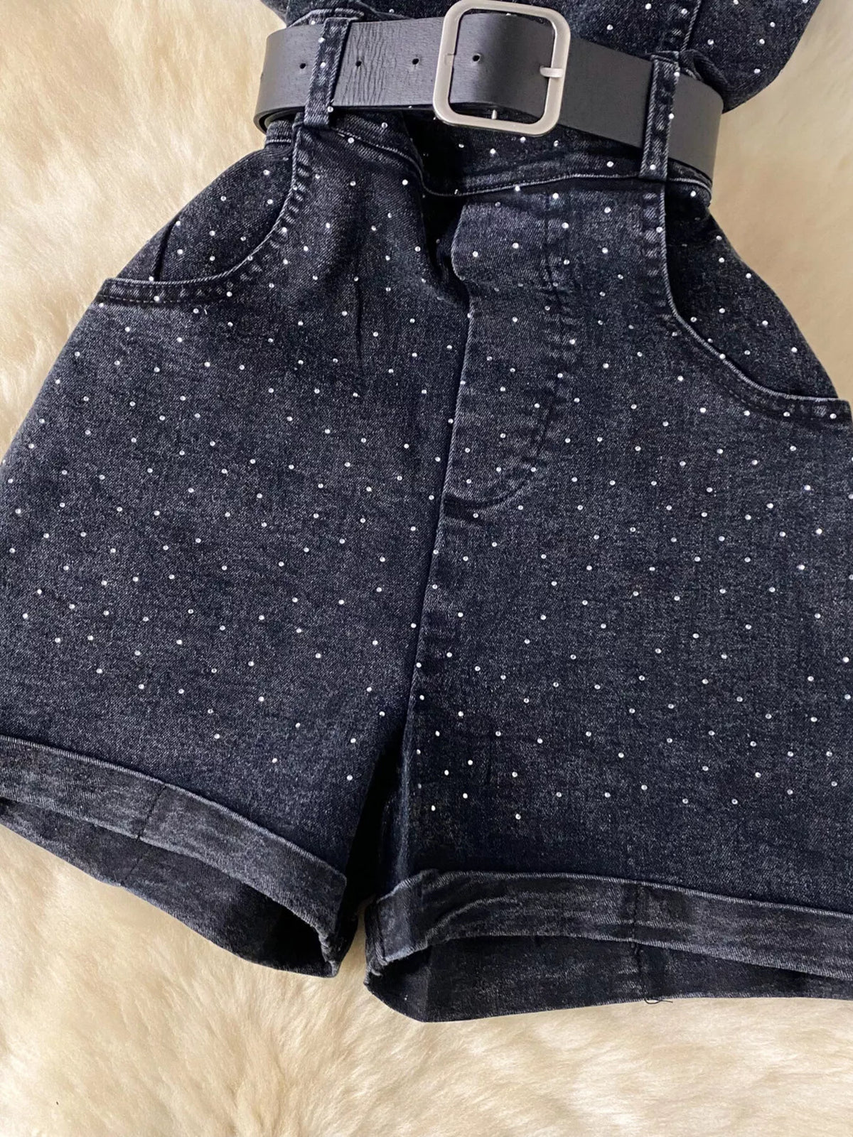 Blue strapless denim romper with diamante detail detail view
