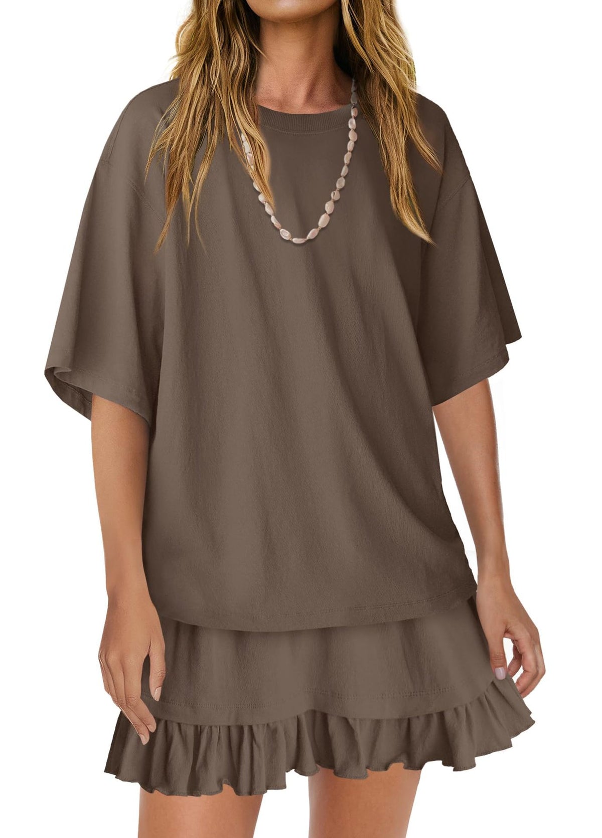 Round neck tee and skirt set outfit view