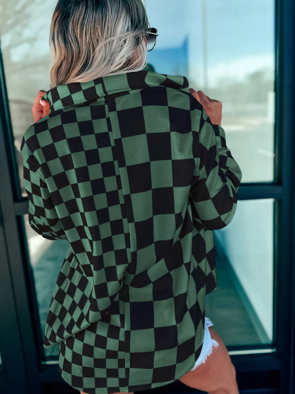 Checkered Button Up Oversized Shacket in Dark Green back view