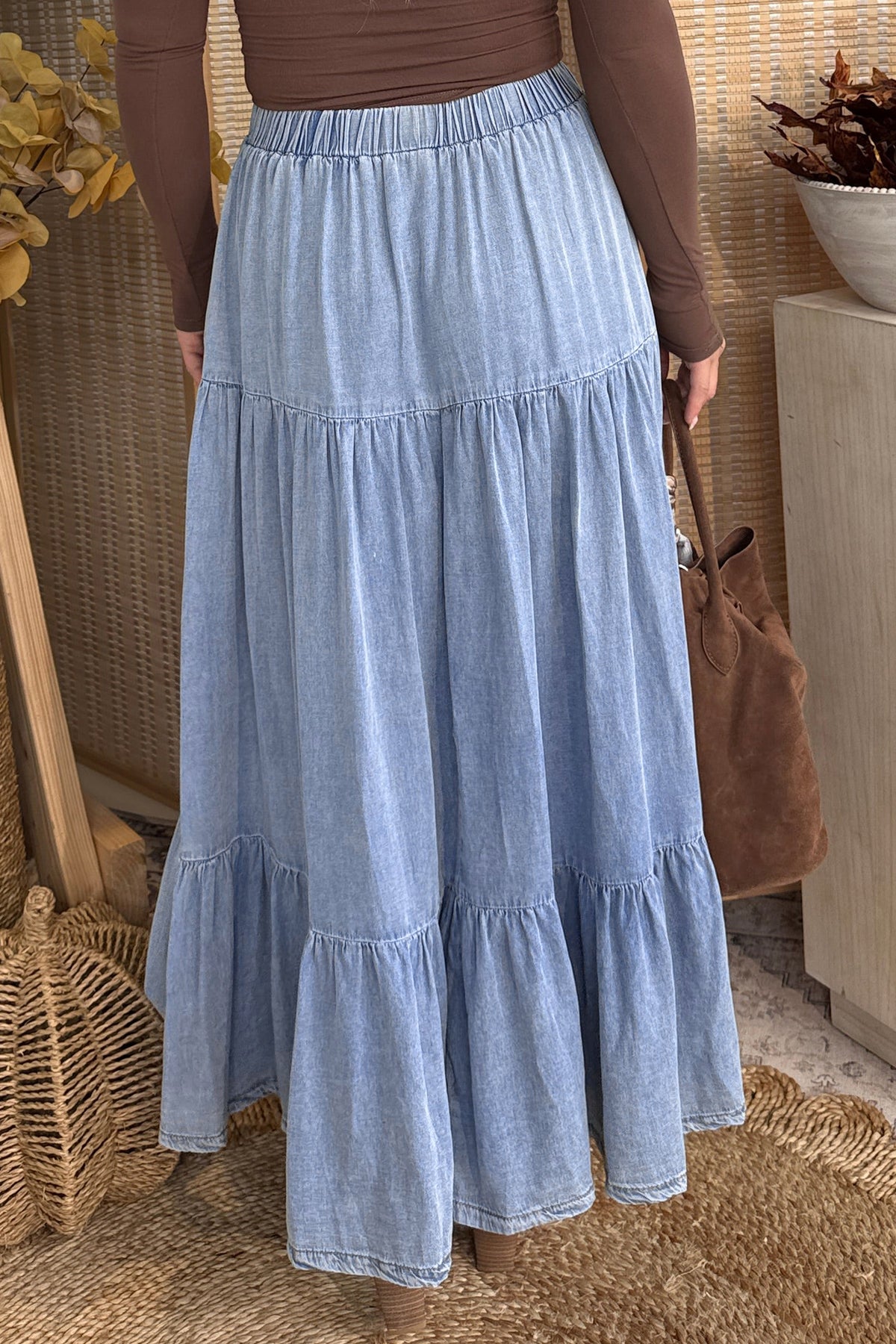 Denim maxi skirt on model full length view