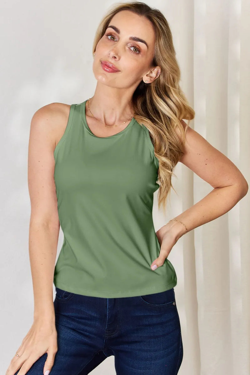 Round neck racerback tank top in light green front view