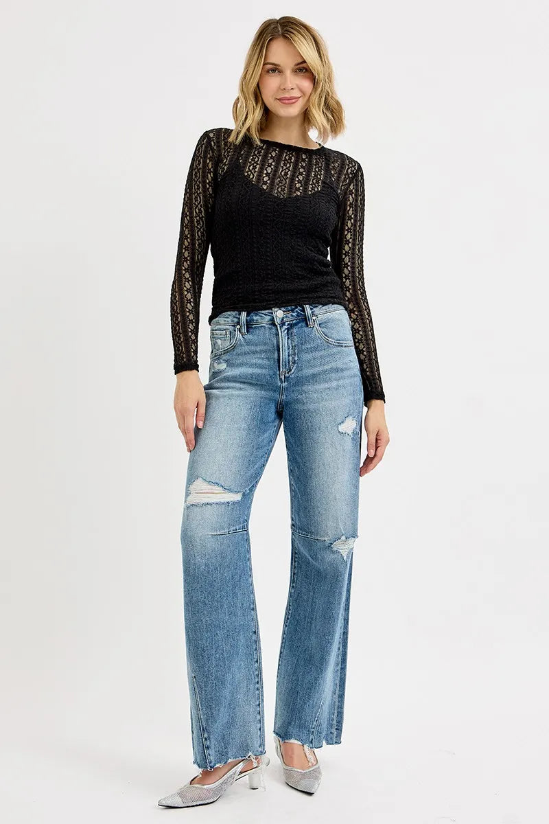 RISEN Full Size Mid Rise Fit Wide Baggy Leg Tie Washed Jeans Plus Size - Fashorio