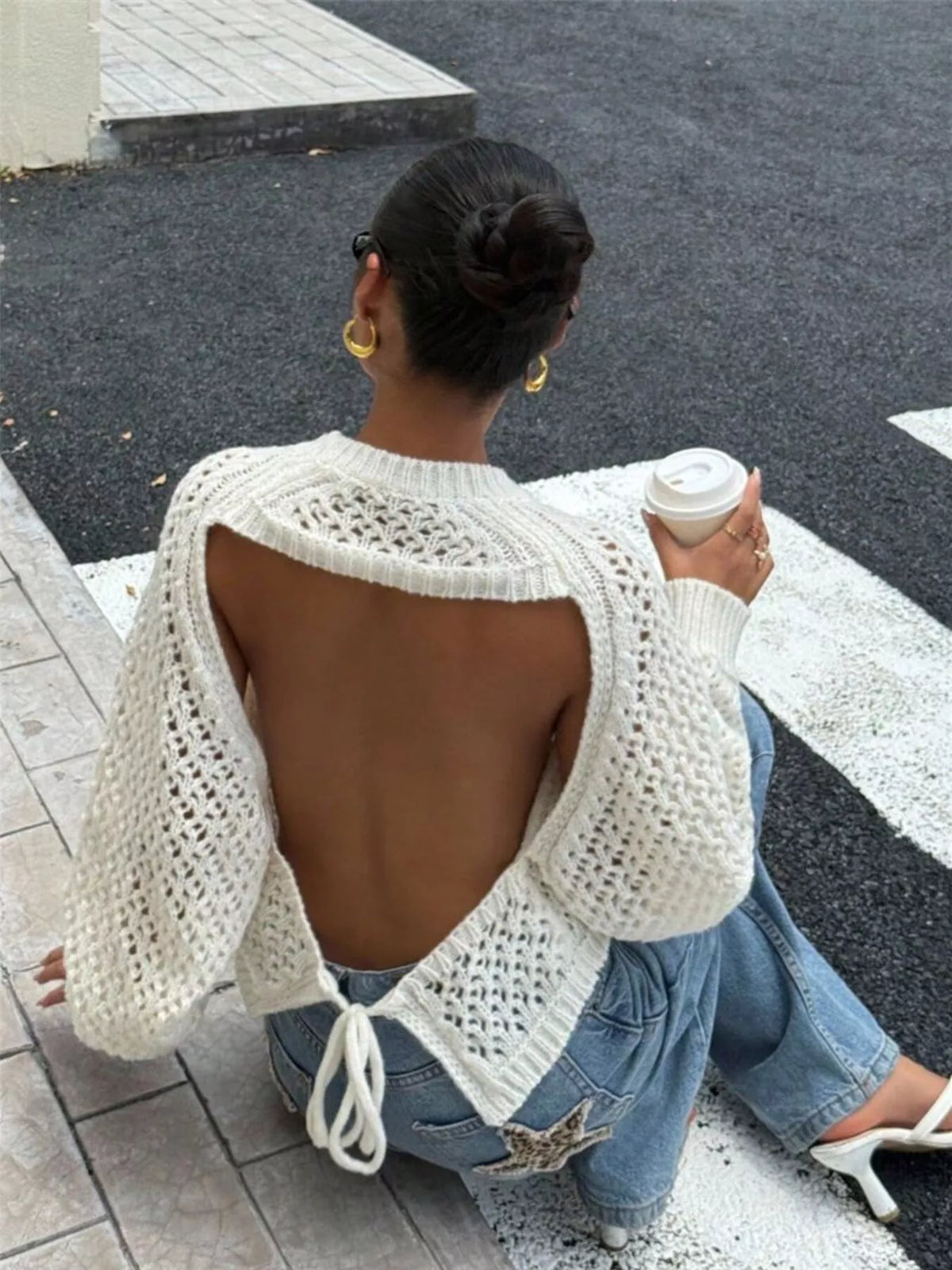 Crochet Openwork Backless Raglan Sleeve Sweater detail