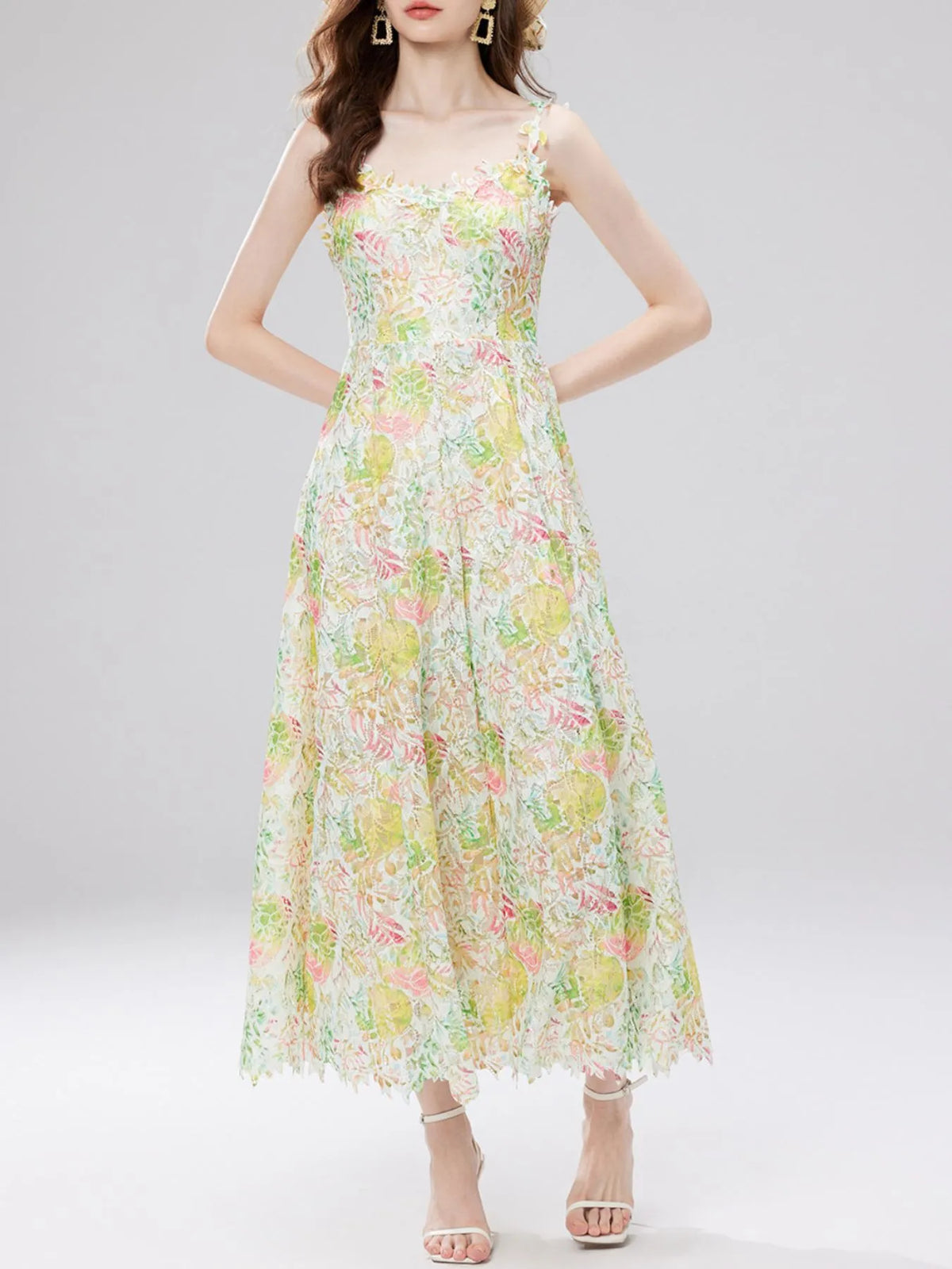 Floral Lace Sleeveless V Neck Midi Dress floral lace detail 14