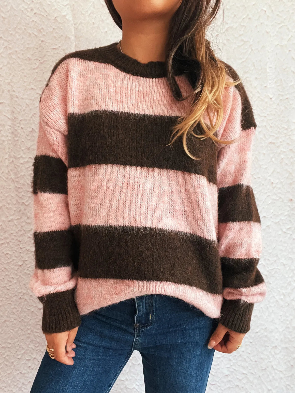 Striped contrast long sleeve oversized sweater front view