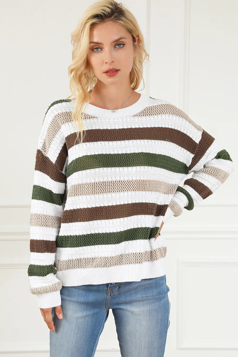 Striped Openwork Dropped Shoulder Sweater - Fashorio