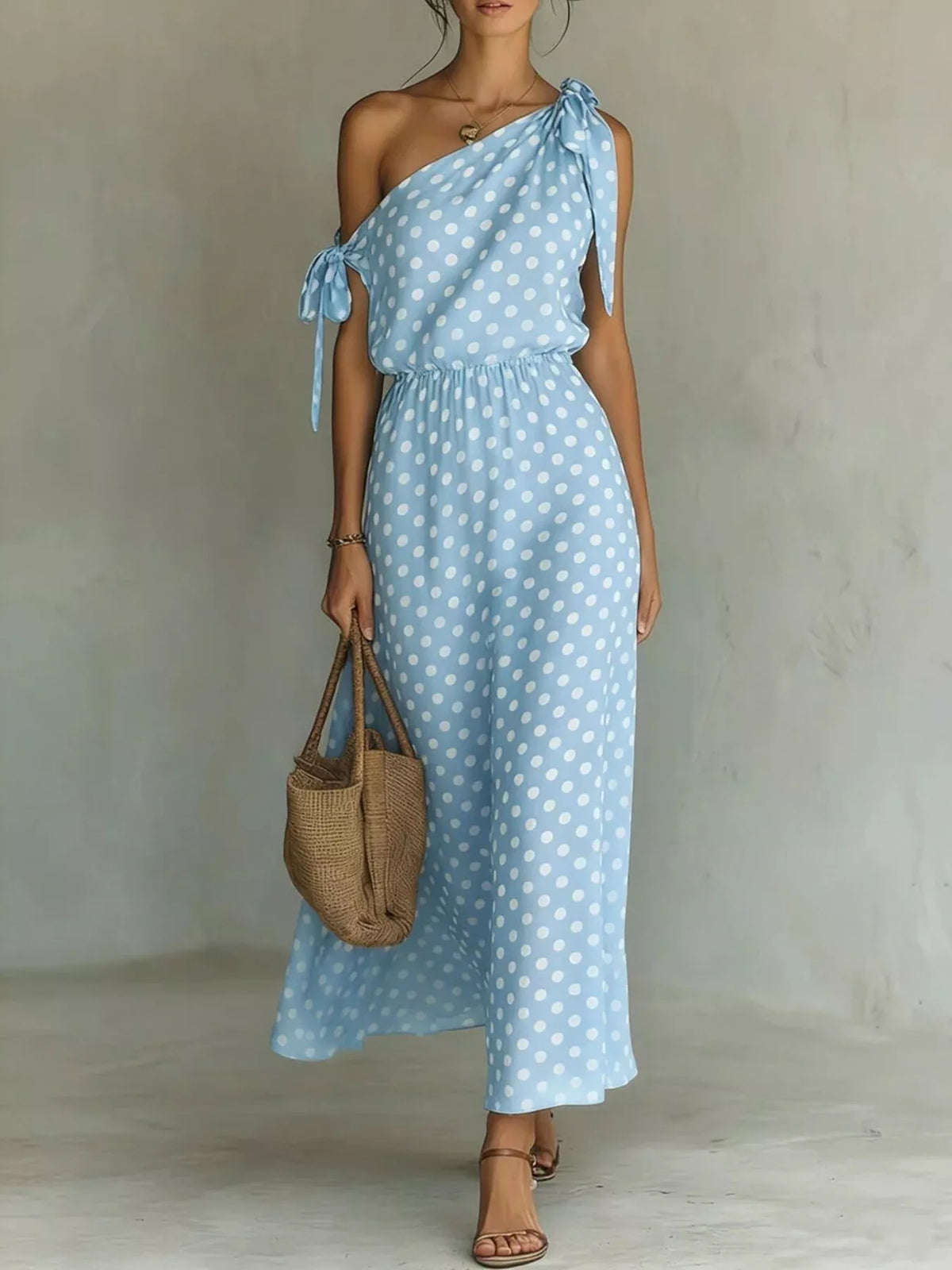 One-shoulder neckline detail on maxi dress
