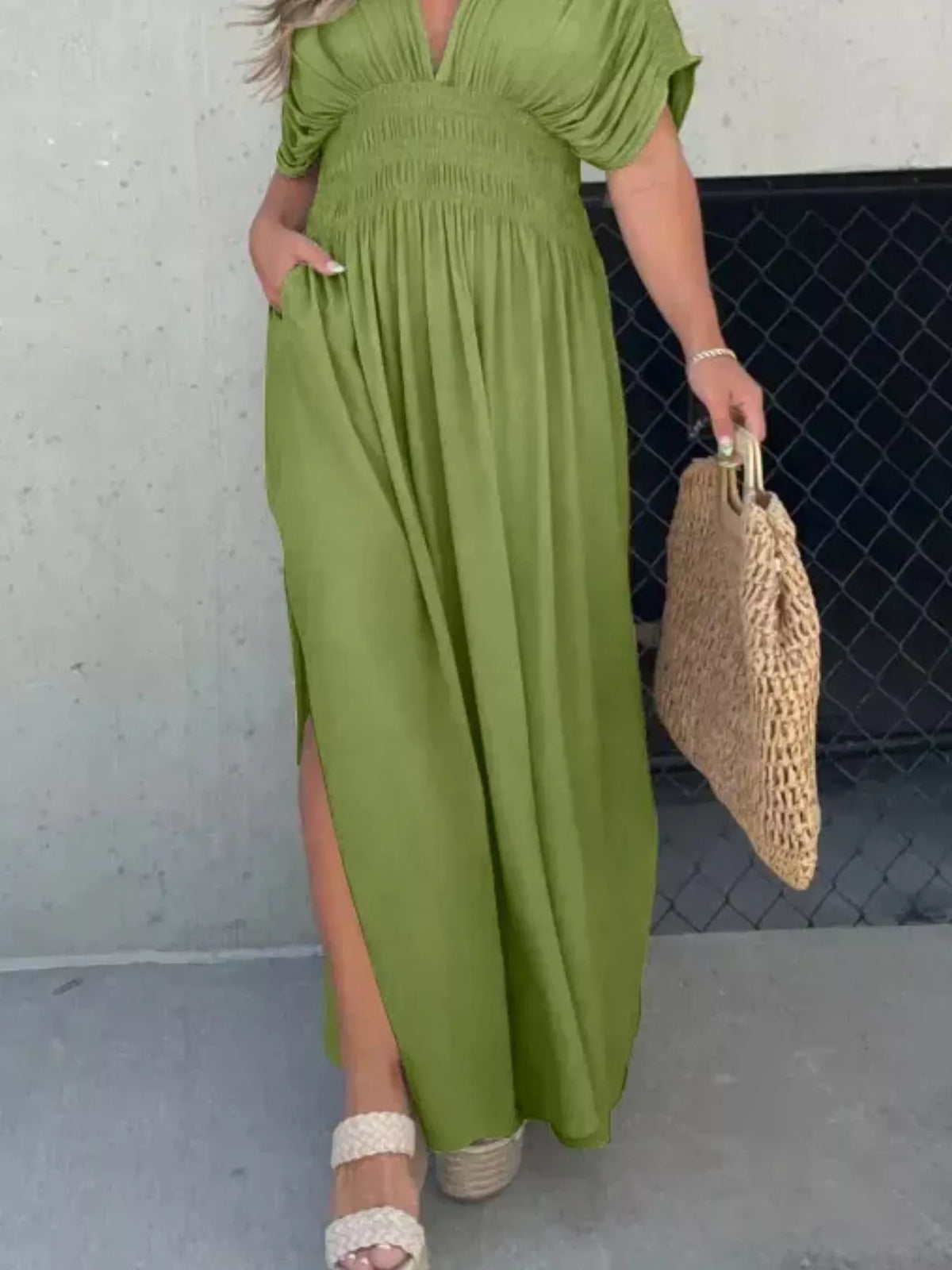 Slit V neck smocked waist maxi dress full length view