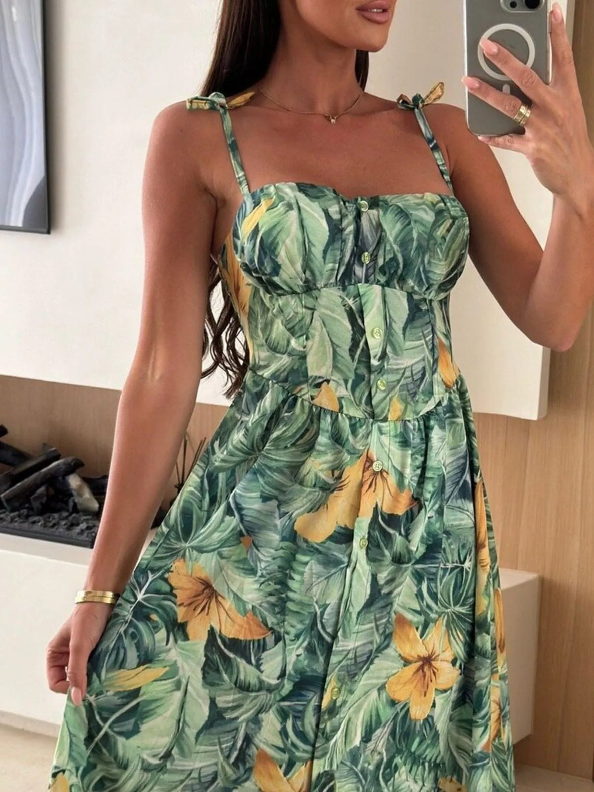 Printed tie strap midi dress detail view