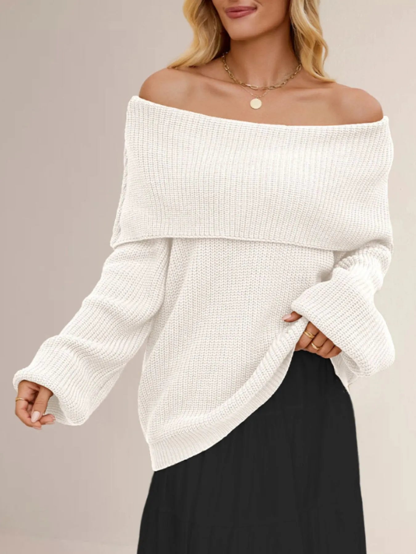 Fold-Over Collar Long Sleeve Sweater Apricot - Fashorio
