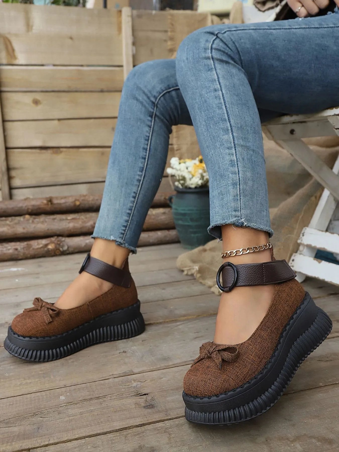 Bow Round Toe Platform Loafers Brown - Fashorio