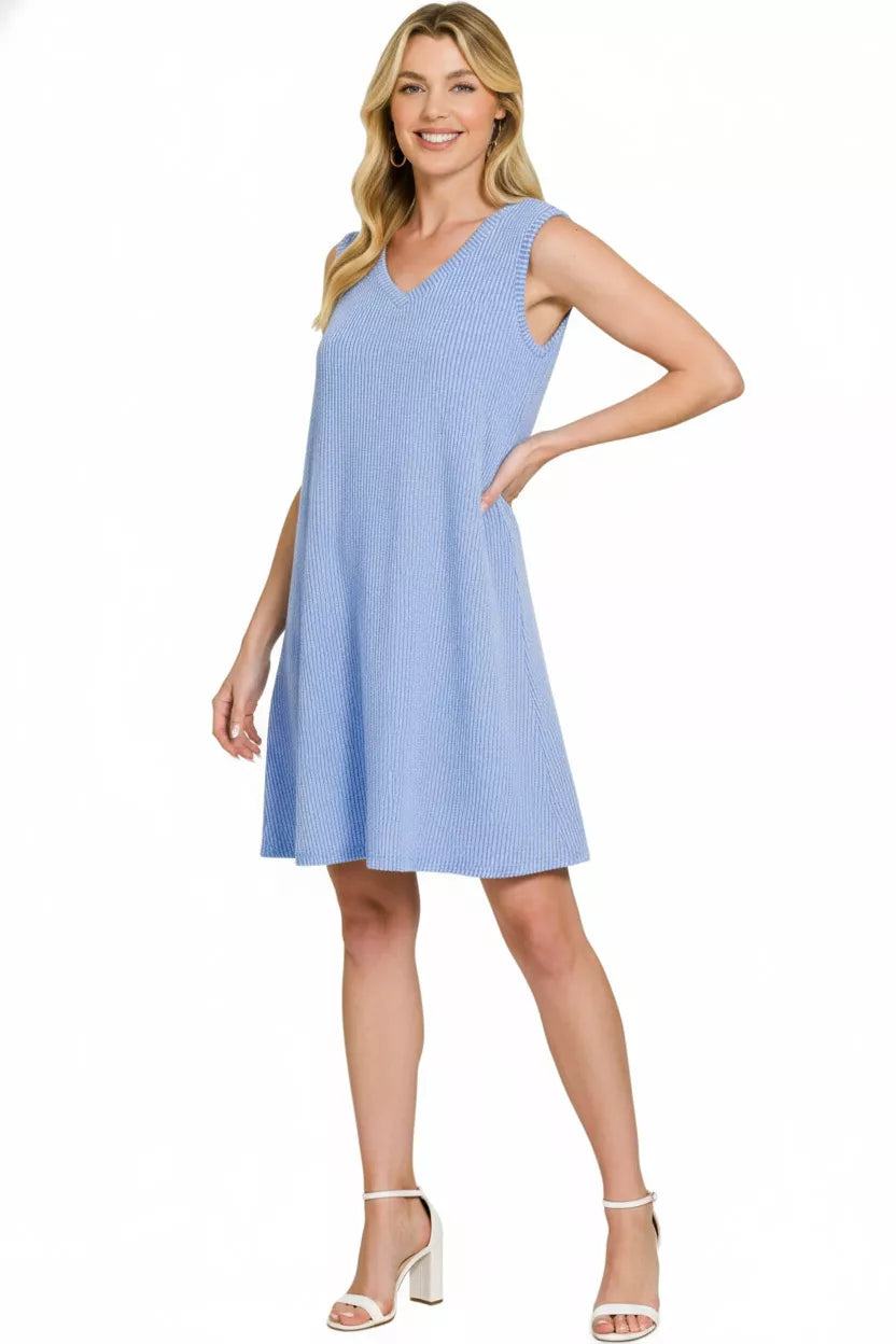 Raised Rib Sleeveless Mini Dress in Cornflower Blue side view