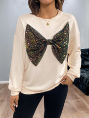 Sequined Bow Round Neck Sweatshirt Apricot - Fashorio