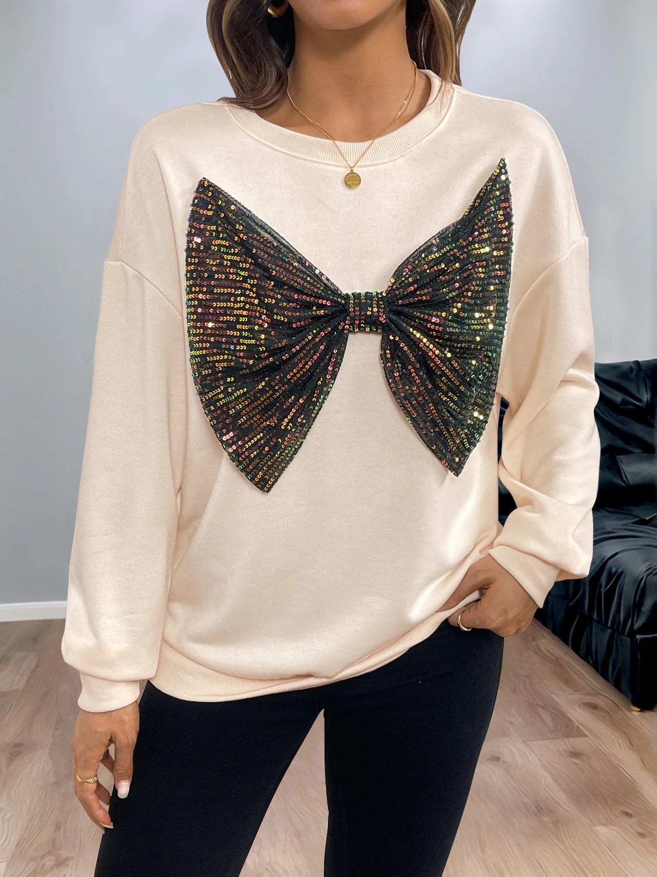 Sequined Bow Round Neck Sweatshirt Apricot - Fashorio