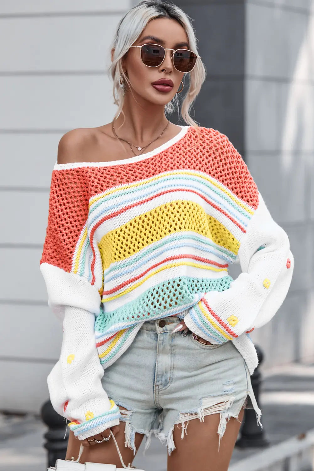Openwork Striped Round Neck Long Sleeve Sweater - Fashorio