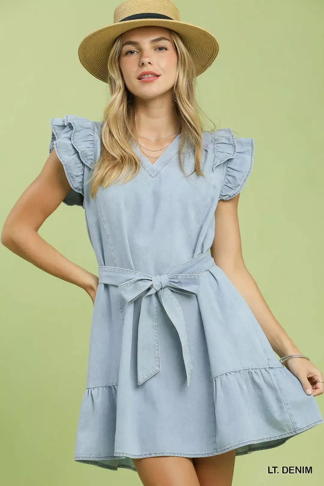 Chambray Ruffled Denim Dress with Side Pockets