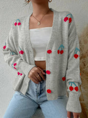 Cherry Button-Up Knit Cardigan Gray - Fashorio