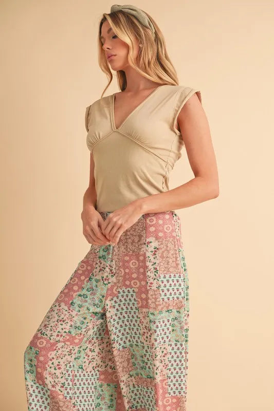 Printed wide leg pants close up pattern detail
