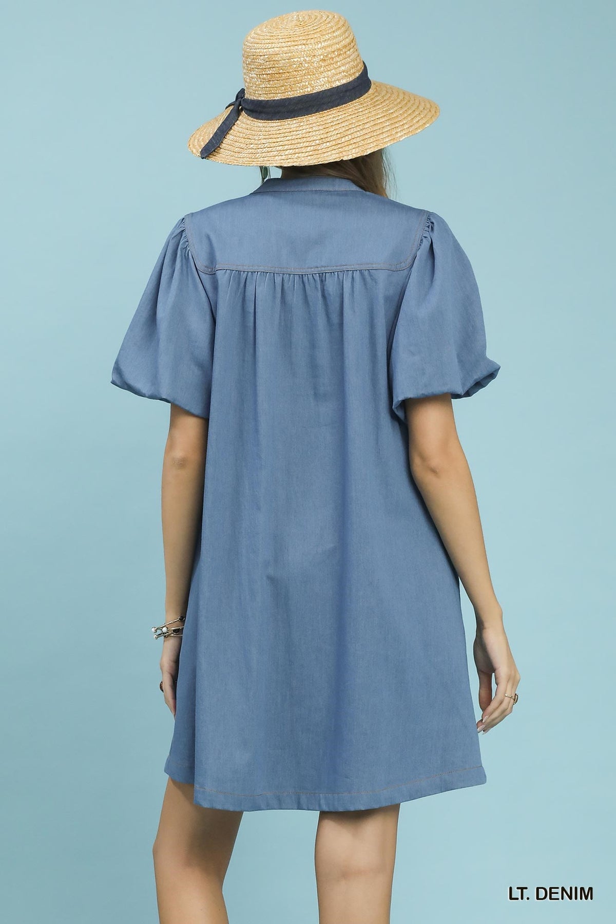 Chambray Puff Sleeve Dress in Light Denim side view