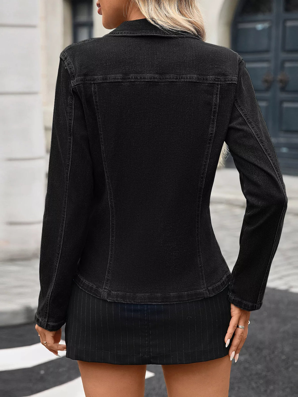 Button Up Denim Jacket in Black view 9