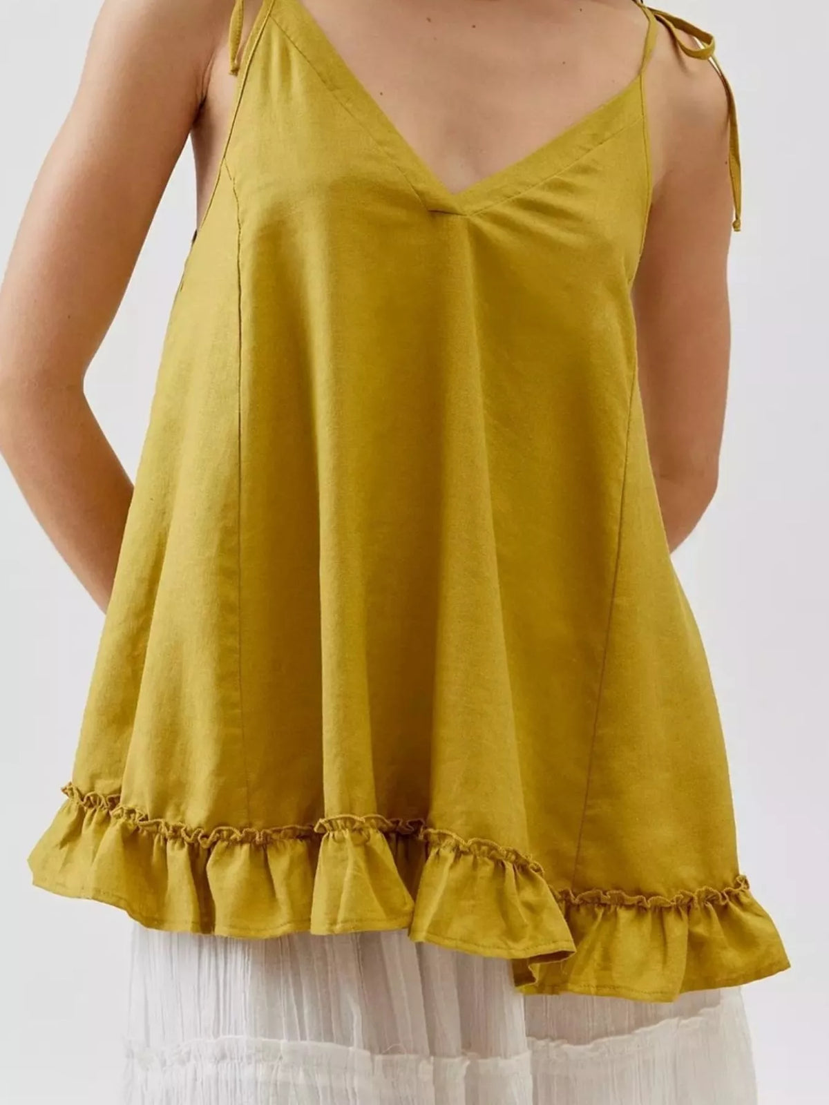 Tie strap ruffle hem cami side view
