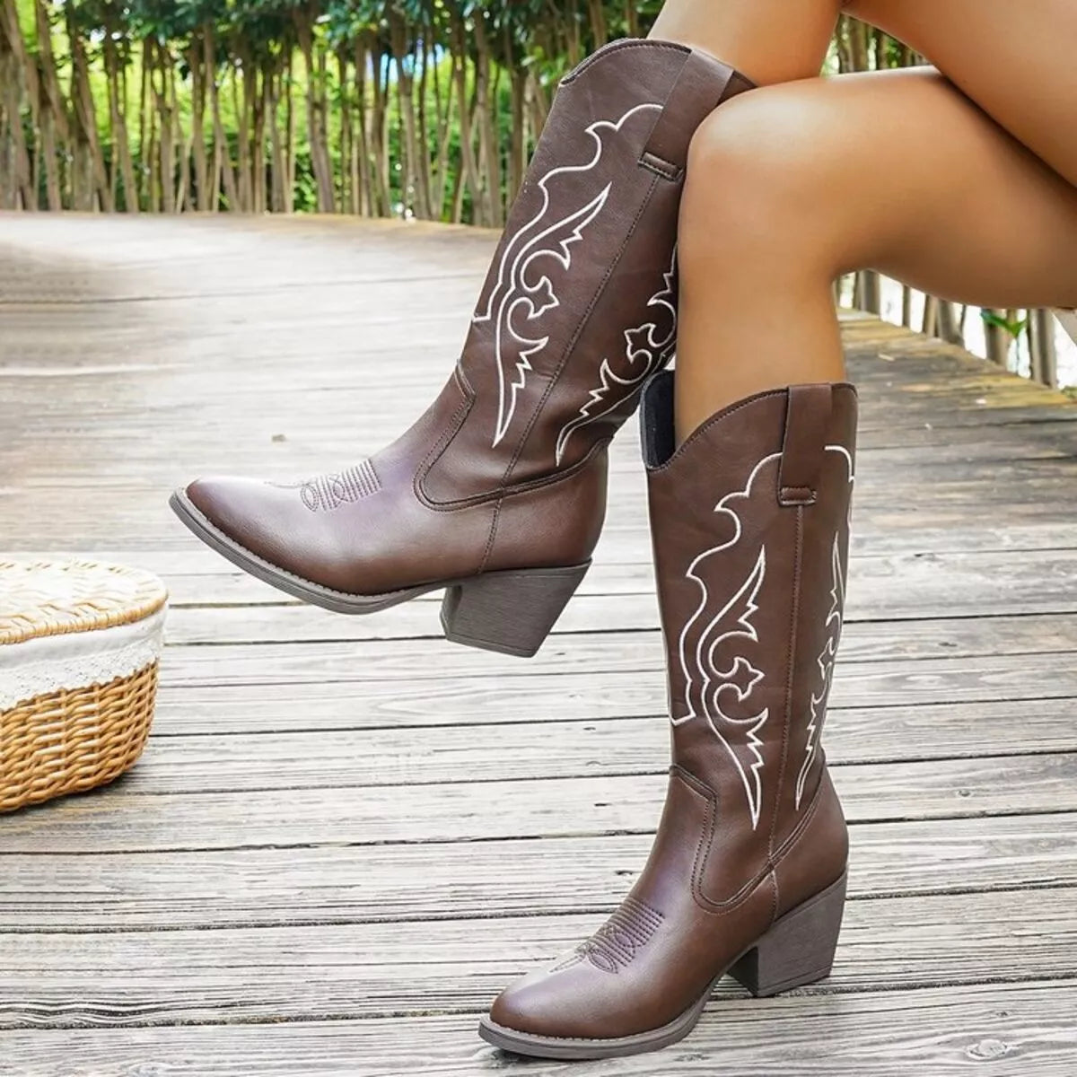 Western embroidered mid calf boots front view