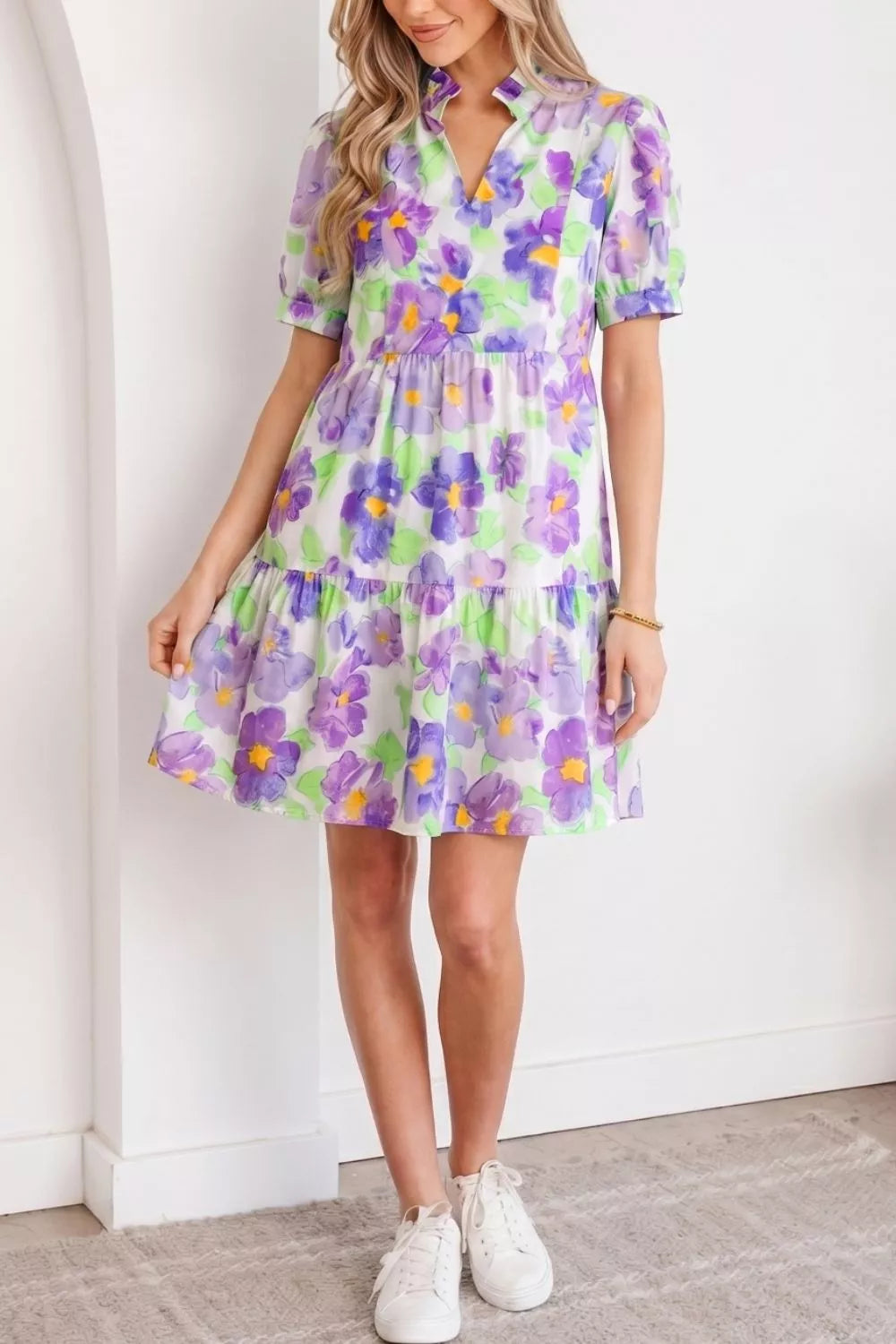 Lilac floral V collar tiered ruffle mini dress front view