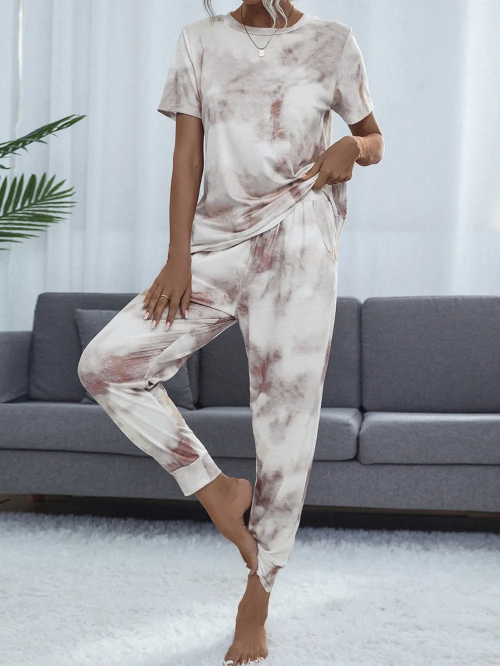 Shiny Tie-Dye Round Neck Short Sleeve Top and Pants Lounge Set - Fashorio