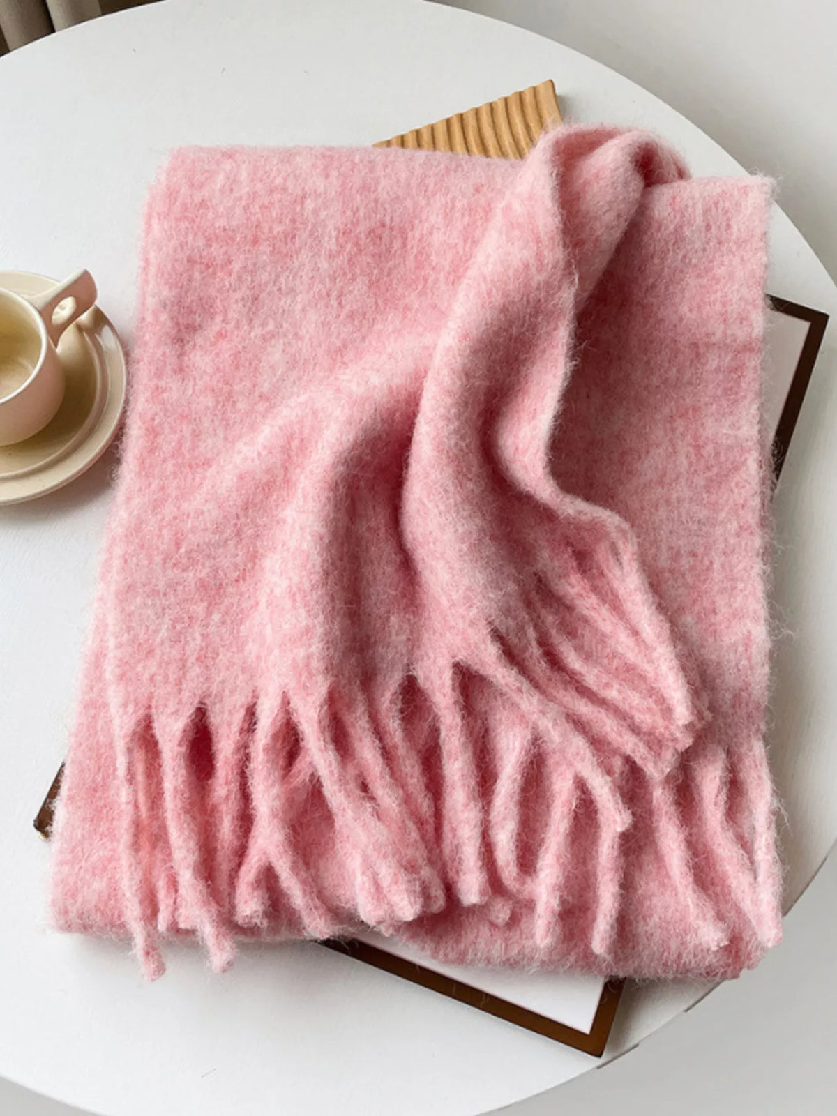 Fringe solid color polyester scarf wrapped around neck