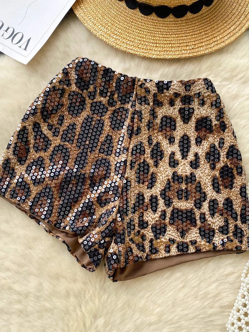 Sequin leopard print shorts, front view