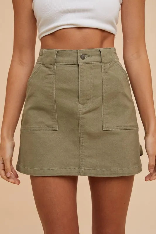 Olive cargo denim mini skirt front view