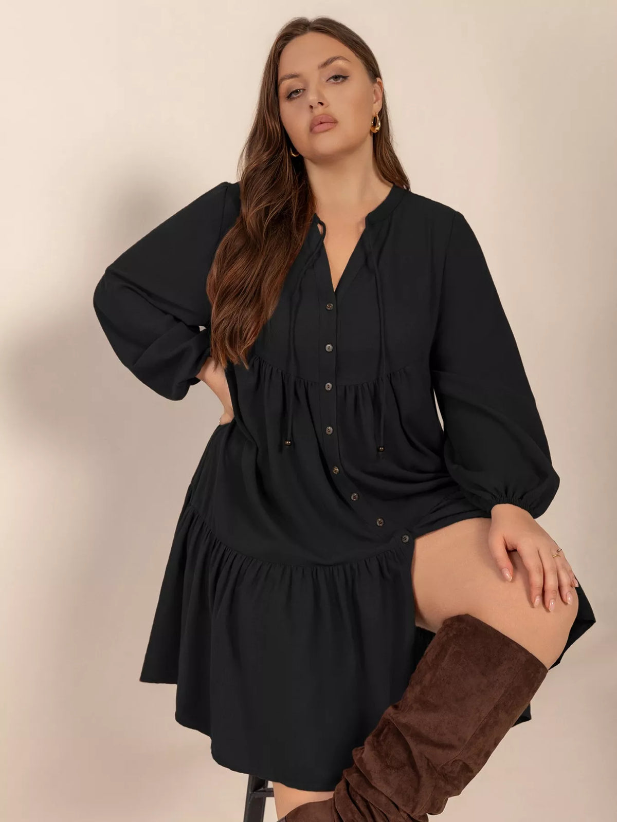 Balloon sleeve cuff detail black dress