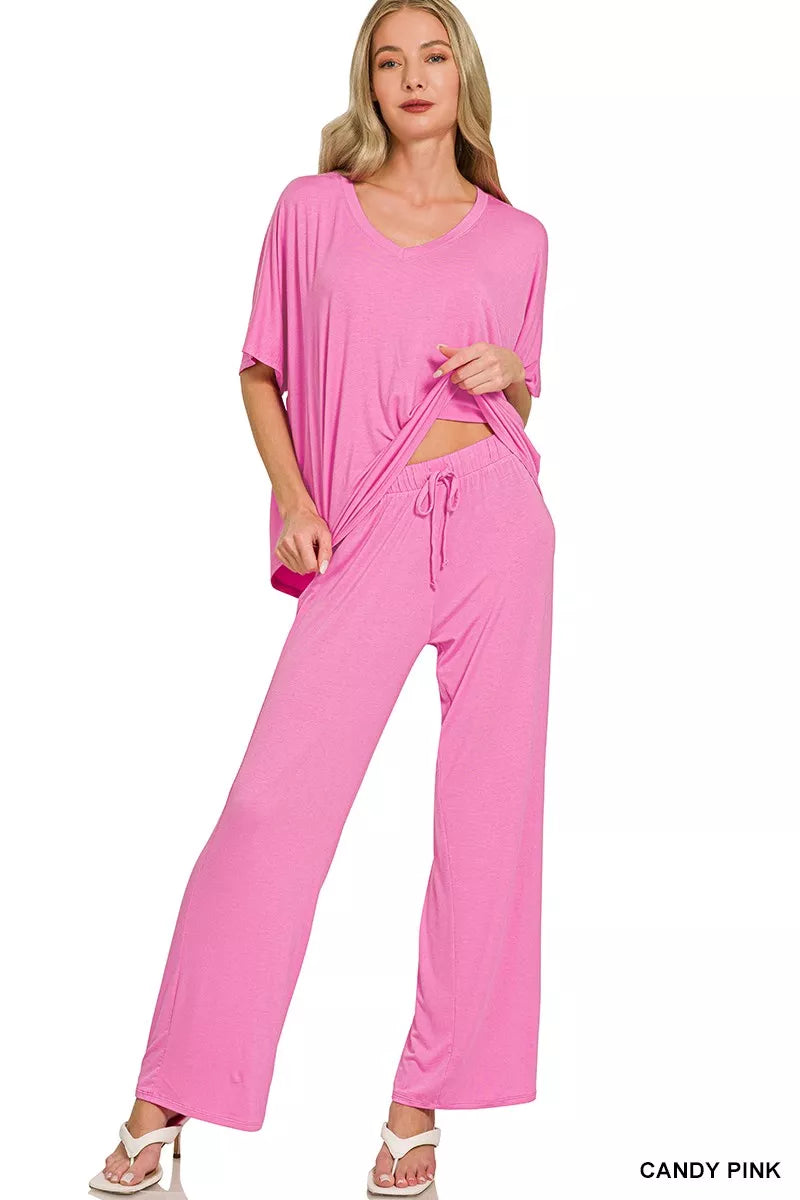 Pink oversized V neck top and matching pants coordinated set