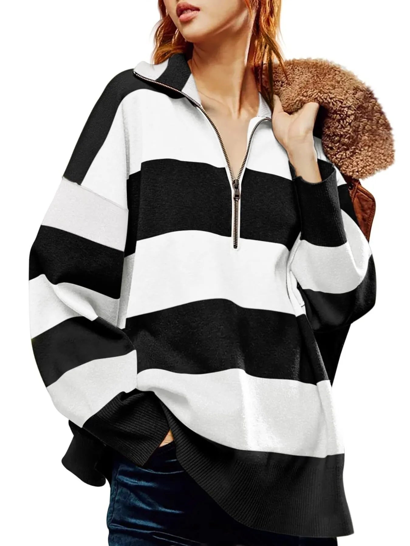 Striped Half-Zip Oversized Sweatshirt Black - Fashorio