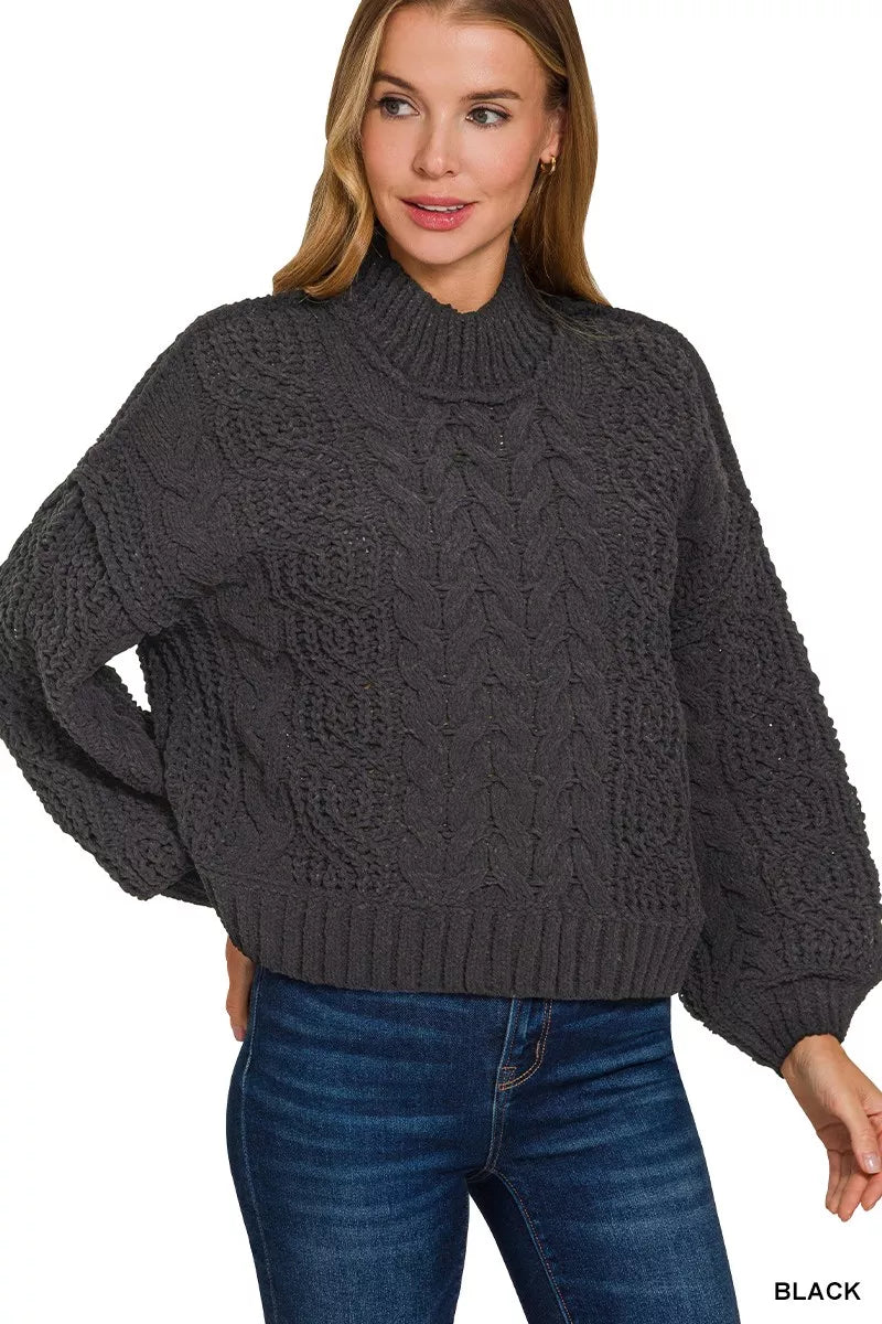 Cable Knit Ribbed Turtleneck Sweater in Black