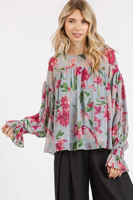 Floral round neck flounce sleeve blouse front