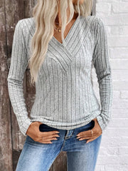 Ribbed V-Neck Long Sleeve Knit T-Shirt Grey - Fashorio