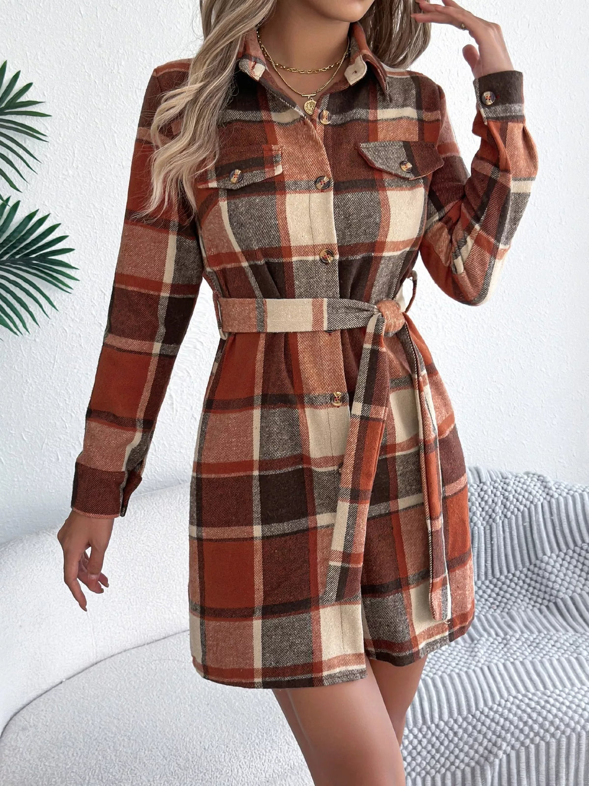 Plaid Tie Waist Shirt Dress in Green view 14