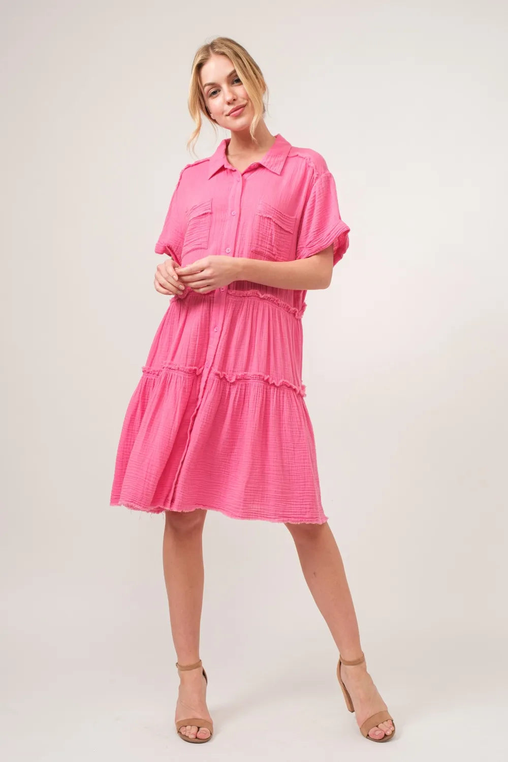 Raw Edge Washed Tiered Shirt Dress detail