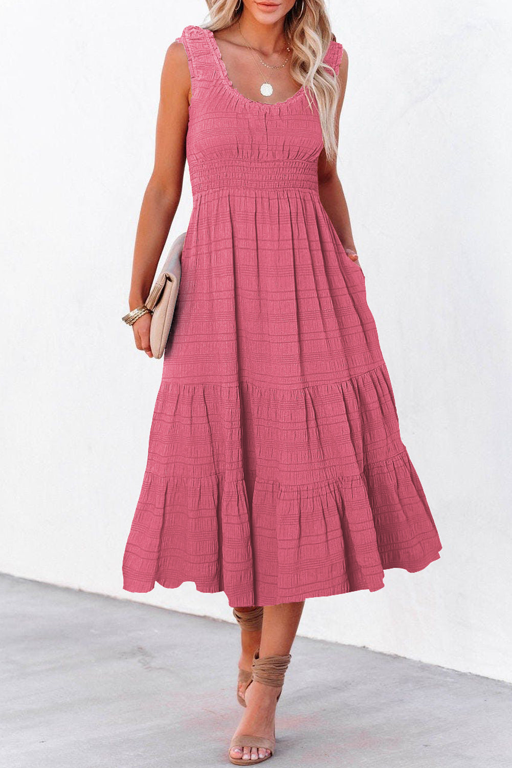 Square neck sleeveless midi dress full length front
