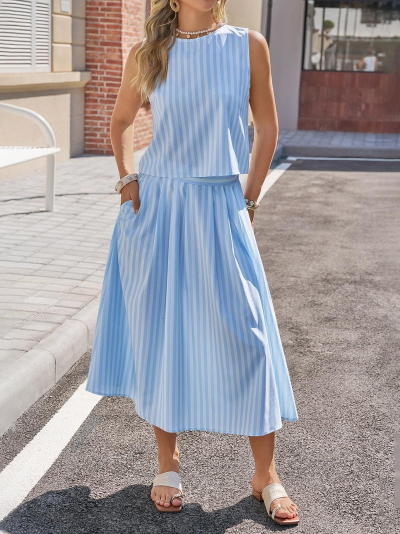 Striped sleeveless top and midi skirt set front view