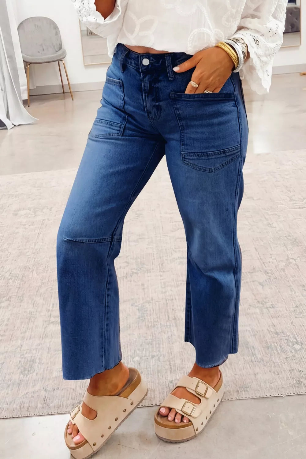 High rise straight leg jeans in dark blue front view
