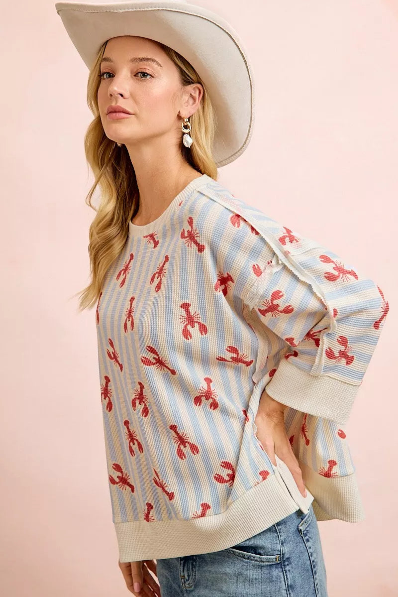 Light blue and red BiBi lobster stripe waffle knit top styled look